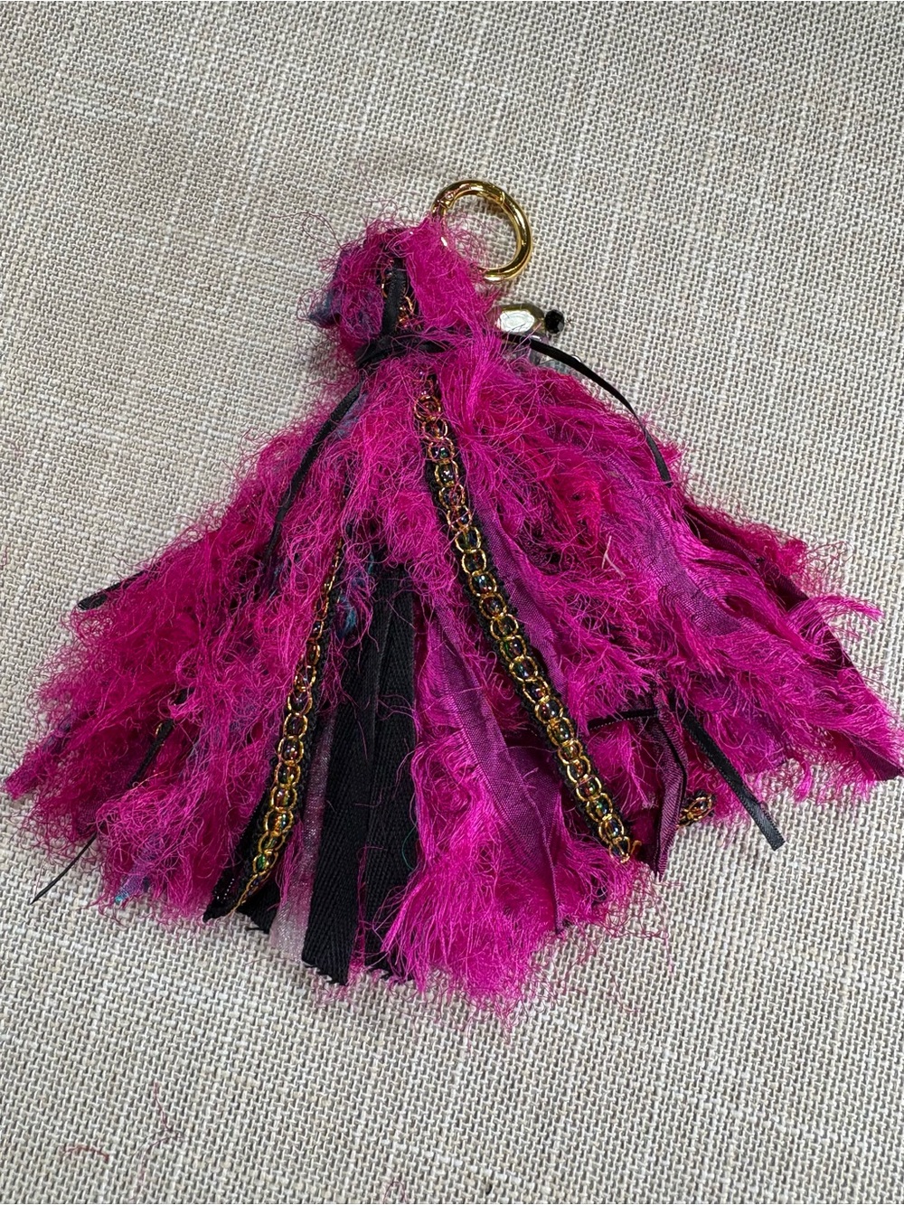 Hand Crafted Fuchsia Pink Tassel Keychain/Bag Charm with Gold Accents - Picture 7 of 12